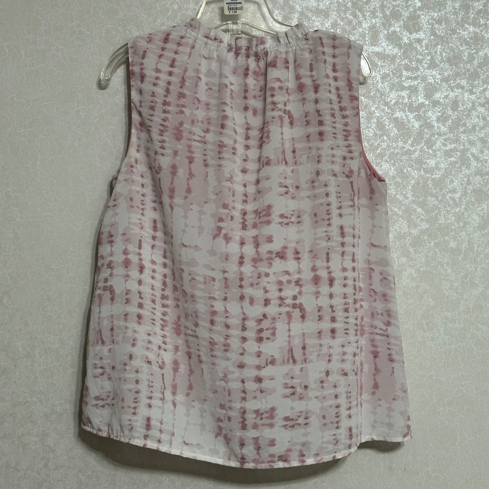 L Love Pink & White Sleeveless Blouse Shirred Neckline Tassel V-Neck Top Lined S - Picture 2 of 5